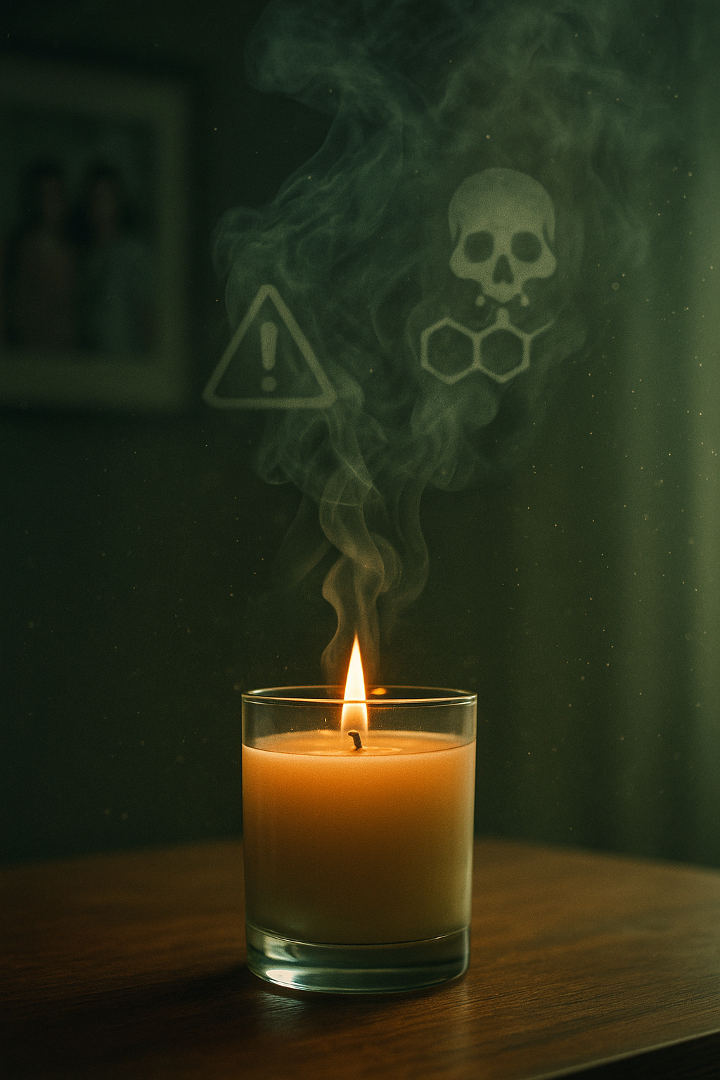 Candle burning in subtle dark lighting. The smoke the fire gives off revealing a warning symbol and a toxic symbol