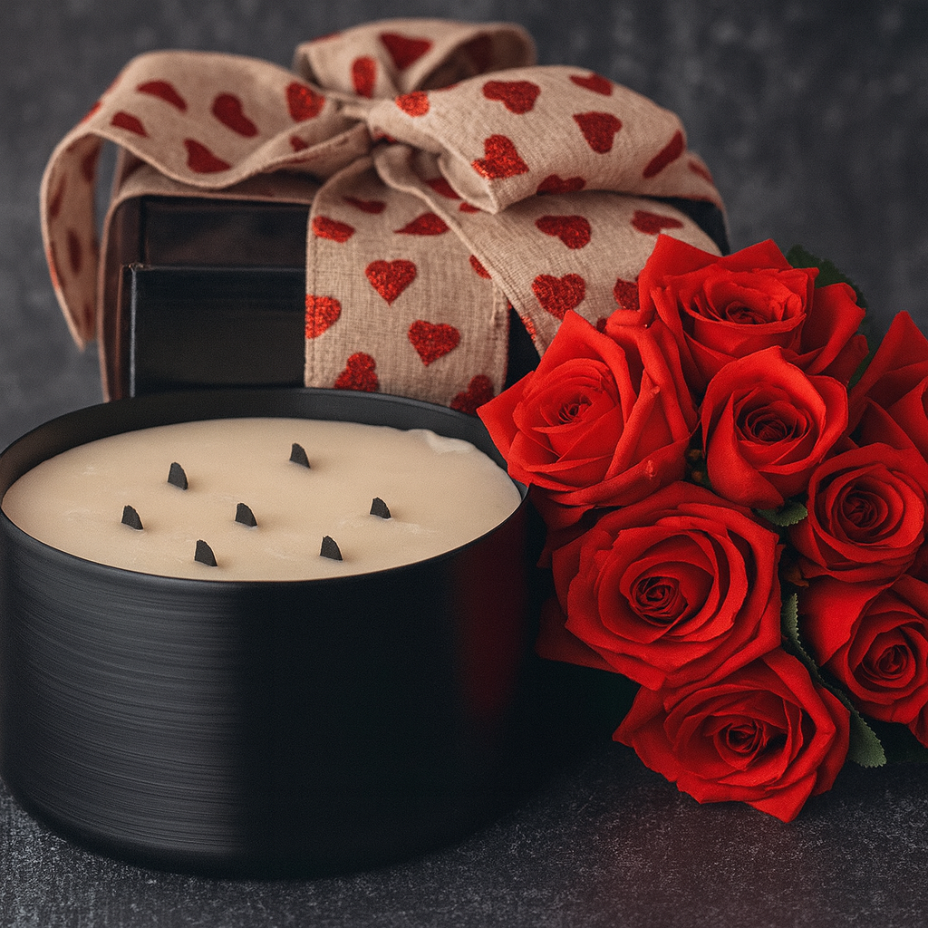 Black candle with red roses and a heart-themed ribbon on a dark background