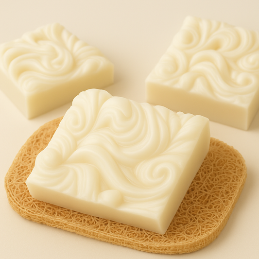 Three bars of soap with a decorative pattern on a beige background