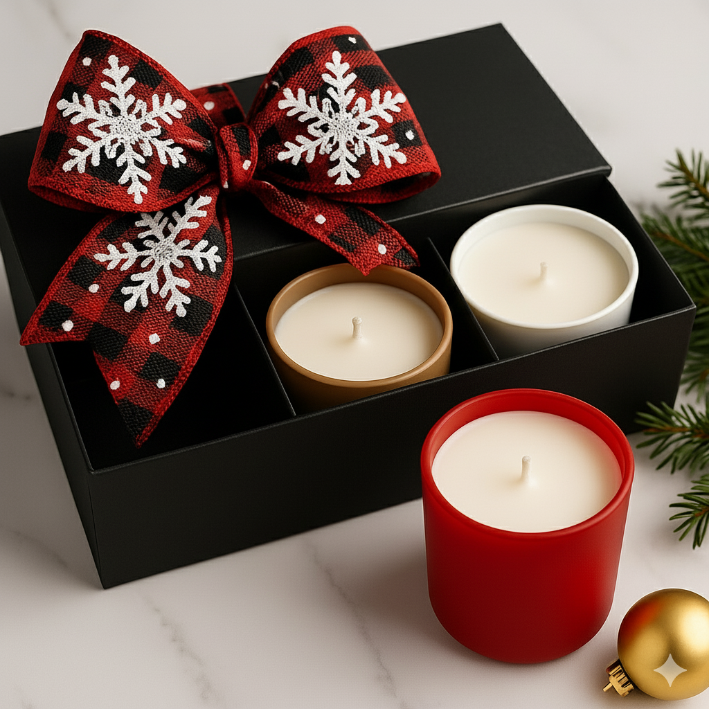 Set of candles in a black box with a decorative bow, surrounded by Christmas decorations.