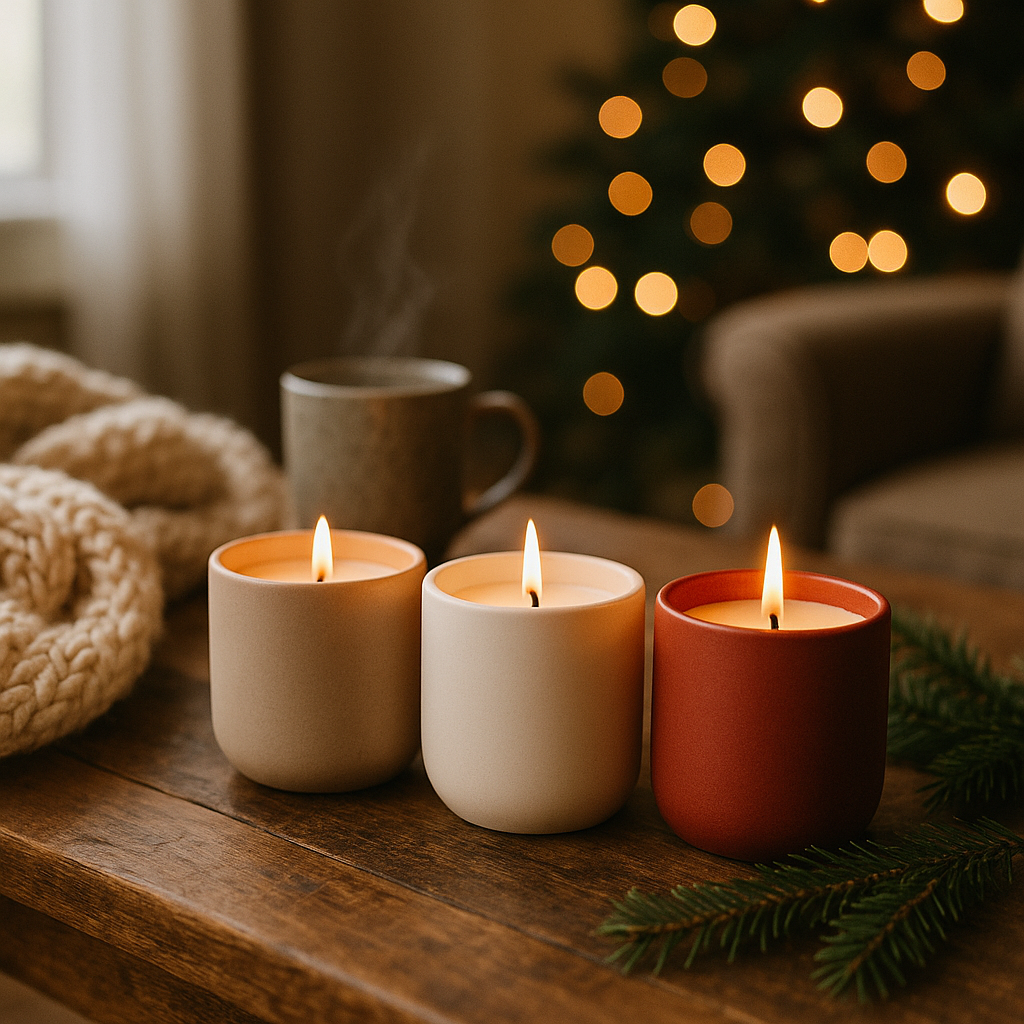 Three lit candles in ceramic holders on a wooden surface with a blurred Christmas tree in the background.