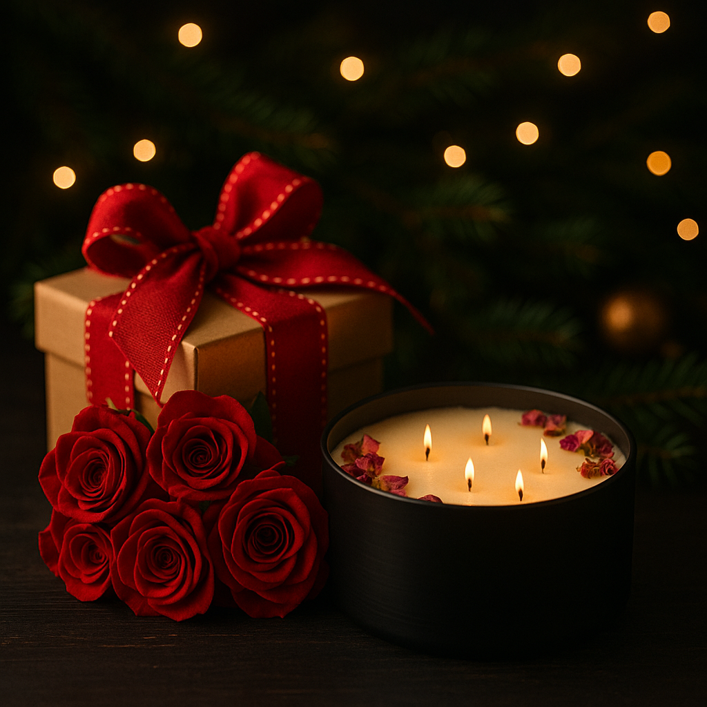 Candle with red roses and a gift box with a red ribbon against a dark background with lights.